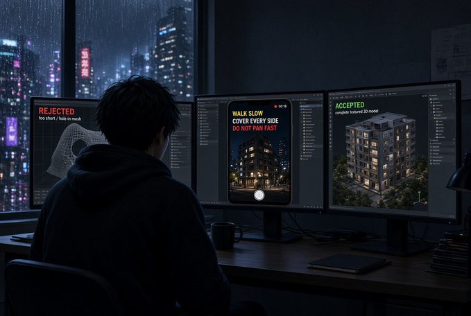 A person works at a desk with three monitors displaying design work, including prompts like 'REJECTED too short / hole in mesh', 'WALK SLOW COVER EVERY SIDE DO NOT PAN FAST', and 'ACCEPTED complete entrance 3d model', set against a nighttime cityscape.