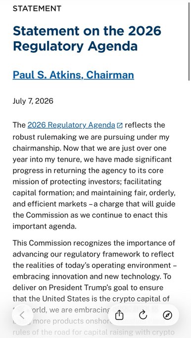 A screenshot of an SEC Statement on the 2026 Regulatory Agenda by Chairman Paul S. Atkins, dated July 7, 2026, discussing rulemaking priorities including crypto regulation.