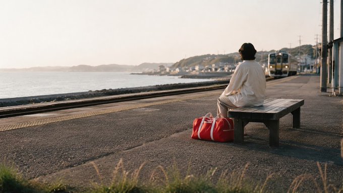 A traveler sits on a bench at a coastal train station with a red duffel bag beside them, gazing out at the calm sea as a train approaches in the distance, embodying the quiet pause between destinations. The serene scene reflects RedotPay's message of simple, seamless spending throughout life's journeys.