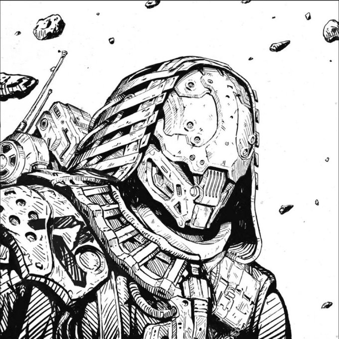 A detailed black and white ink illustration depicts a futuristic armored character or mecha with a complex helmet, set against a backdrop of floating debris.