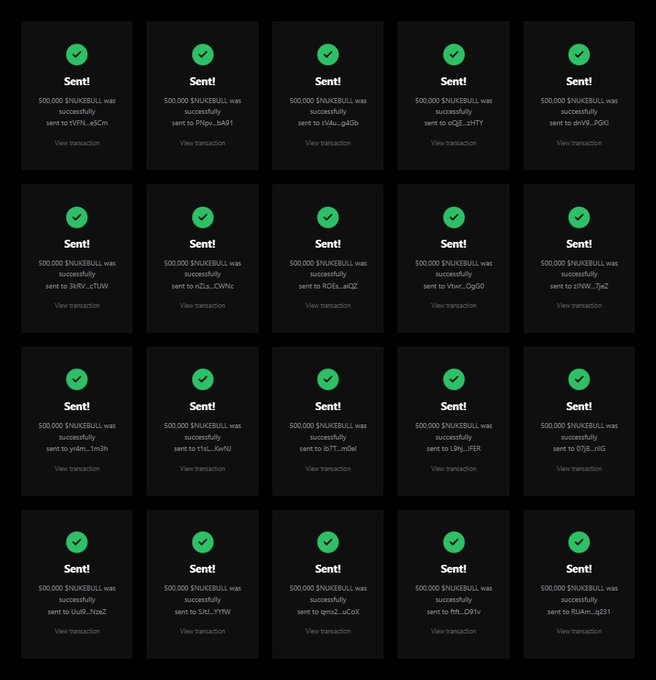 A screenshot of twenty identical transaction confirmation cards each showing "Sent! 500,000 $NUKEBULL was successfully sent" to various addresses, with green checkmarks indicating successful transactions.