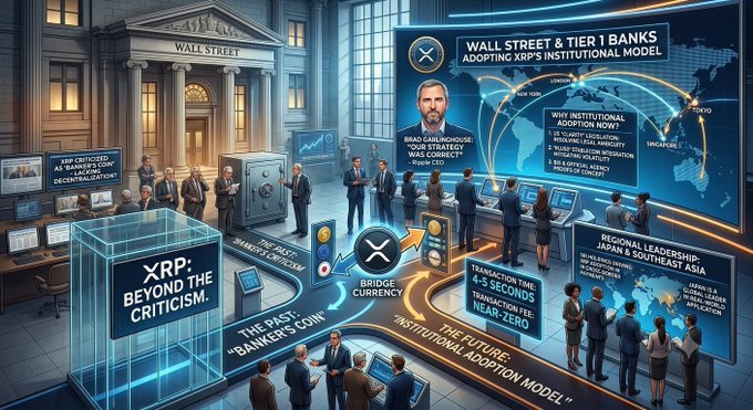 An illustration depicts Wall Street institutions adopting XRP as a bridge currency, featuring key text such as "XRP CRITICISM AS 'BANKER'S COIN' IS A CENTRALIZATION," "THE FUTURE: 'BANKER'S COIN'," and "BRAD GARMINGHOUSE: 'BRIDGE CURRENCY WAS CORRECT,'" alongside themes of regional leadership and Southeast Asian adoption—visually framing Ripple's XRP as an institutional financial tool, complementing the announcement of GSmart, which introduces governed AI into enterprise treasury operations with human oversight.