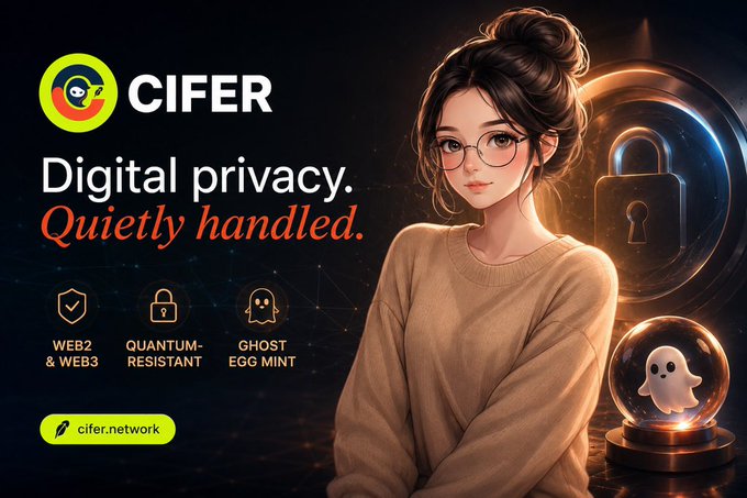 A promotional graphic for CIFER displays the text 'Digital privacy. Quietly handled.' alongside an illustration of a woman with glasses, with features labeled 'WEB2 & WEB3', 'QUANTUM-RESISTANT', and 'GHOST EGG MINT'.