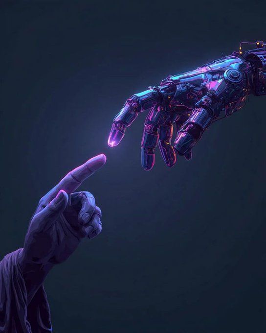 A futuristic image evoking the iconic "Creation of Adam" composition, where a human hand reaches toward a glowing, intricately mechanical robotic hand bathed in neon blue and purple light—symbolizing the bridge between humanity and artificial intelligence, a fitting metaphor for how networks like Canopy and Nucleus merge human contribution with advanced technology.