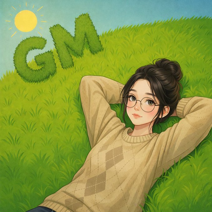 An illustrated artwork depicts a woman with glasses and a bun lying in grass, wearing a beige argyle sweater, with the letters "GM" creatively shaped from leaves and a sun overhead.