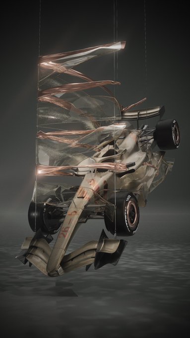 A digitally rendered Formula 1 race car suspended by wires in mid-air against a dark background.