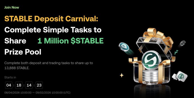 A promotional banner for the "STABLE Deposit Carnival" advertising a 1 Million $STABLE prize pool for completing deposit and trading tasks on KuCoin, with a share of up to 13,888 STABLE per participant, starting in 04:18:14:23 (approximately 4 days) from 08/04/2026 10:00 UTC to 09/02/2026 10:00 UTC, featuring a gift box overflowing with STABLE coins.