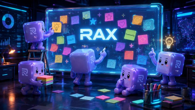 A colorful, futuristic digital illustration features several purple blocky characters with the letter 'R' collaborating around a glowing screen displaying the text 'RAX', covered in sticky notes labeled with words like 'Vision' and 'Community'.
