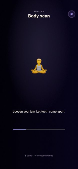 A meditation app screen titled 'PRACTICE - Body scan' showing a cartoon character in lotus pose, with the instruction 'Loosen your jaw. Let teeth come apart' and '8 parts - ~48 seconds demo' at the bottom.