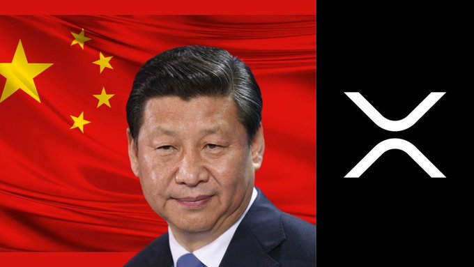 This image shows Chinese President Xi Jinping next to the XRP logo, visually representing the reported plan for China to tokenize $250 billion worth of gold on the XRP Ledger.