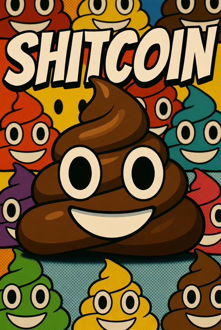 The image features a poster with a cartoon depiction of a brown, happy-looking poop character surrounded by other colorful characters. The text "SHITCOIN" is prominently displayed above the poop character, indicating that this is an advertisement for Bitcoin or a related cryptocurrency.