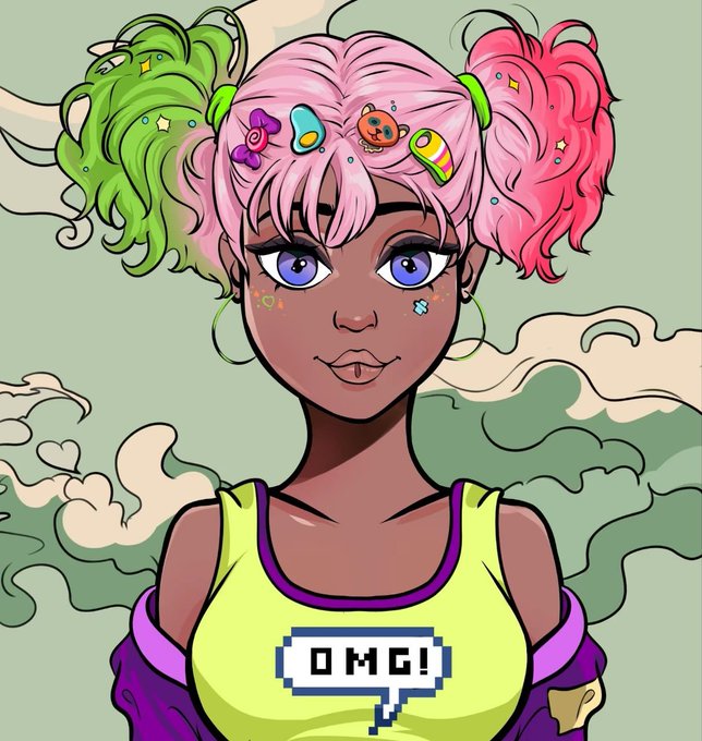 A digital illustration features a stylish character with dark skin, vibrant pink and green pigtails, and playful hair clips, wearing a neon yellow tank top displaying the text "OMG!" in a pixelated speech bubble. The image's retro gaming aesthetic and cheerful expression visually echo the post's celebratory tone of gratitude and excitement over a successful NFT sale.