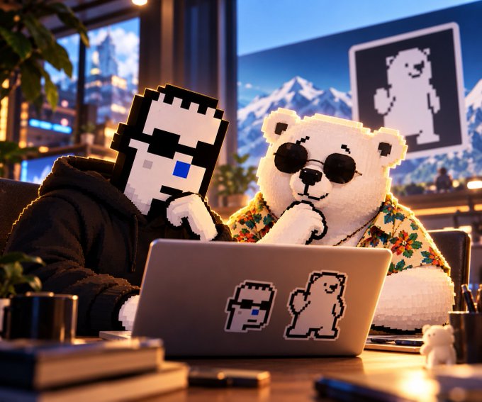 Two pixel-art style figures—a person with sunglasses and a white bear with sunglasses in a floral shirt—sit at a laptop decorated with matching stickers in a cozy room with snowy mountains visible through the window.