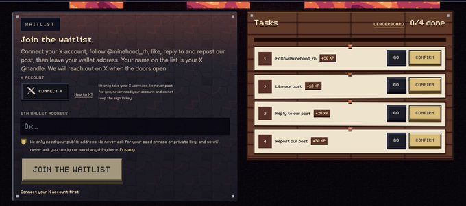 The image shows a website interface with a waitlist section on the left prompting users to "Join the waitlist" by connecting their X account (@minehood_rh) and providing an ETH wallet address (0x...) to receive an X handle when doors open. On the right is a "Tasks" leaderboard (0/4 done) listing social media engagement tasks: "Follow @minehood_rh (+50 XP)," "Like our post (+25 XP)," "Reply to our posts (+25 XP)," and "Repost our post (+50 XP)"—directly corresponding to the post encouraging viewers to complete these CT tasks and register via the waitlist.