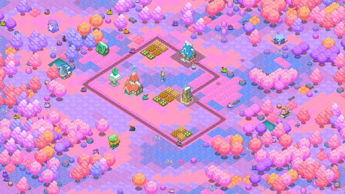 A vibrant isometric video game scene with a pink and purple color palette, showing a small fenced-in farm area surrounded by stylized candy-colored trees and structures.