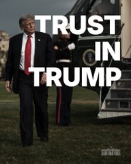 Donald Trump stands in front of Marine One wearing a dark suit and red tie, with bold white text overlaid reading "TRUST IN TRUMP," reinforcing the post's message of unwavering confidence in the president.