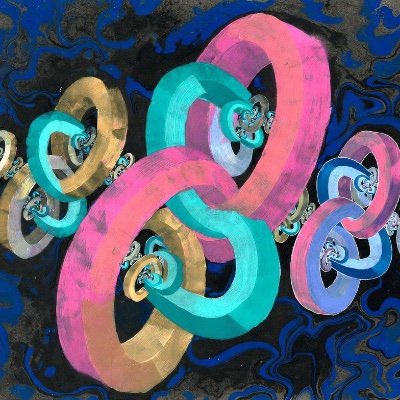 An abstract digital artwork featuring interlocking 3D rings in pink, teal, blue, and gold colors against a swirling dark background.