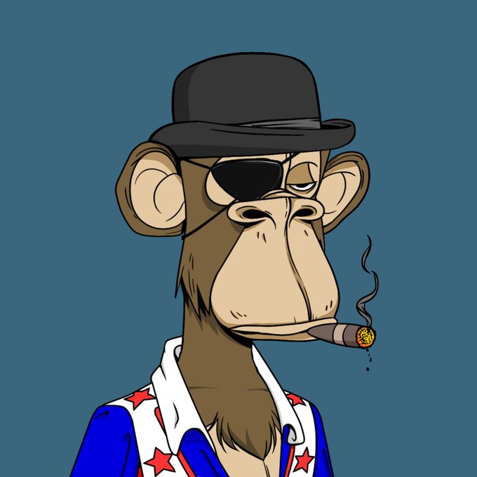 An illustration of a cartoon monkey (Bored Ape) wearing a black bowler hat, an eyepatch, and smoking a cigar, dressed in a white shirt with red stars and a blue jacket.
