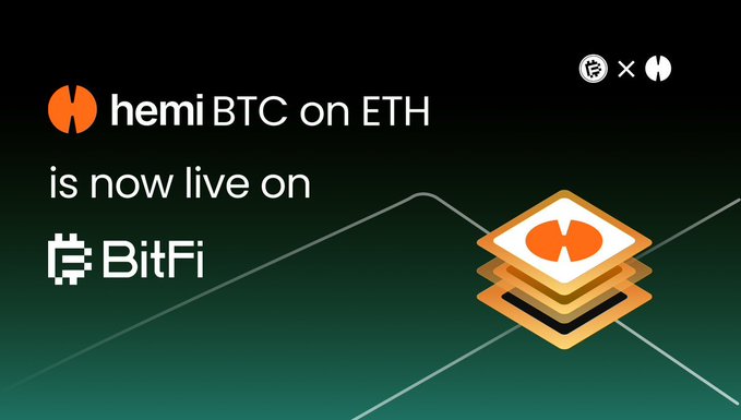 The image features a green background with white text that reads "hemiBTC onETH is now live on @Bitfi_Org!". The text also includes an illustration of a stack of coins, which is related to the coin mining process for Etherium. The text encourages users to deposit, withdraw, and stake their Bitcoins using the provided link in the image.