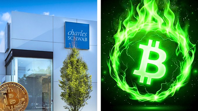 The image is split into two halves: the left shows a Charles Schwab office building with a physical Bitcoin coin in the corner, while the right displays a glowing green Bitcoin symbol surrounded by flames. This visual pairing reinforces the post's claim that Charles Schwab ($13.4 trillion in assets) is endorsing Bitcoin as "fundamentally stable and unique," highlighting the bullish sentiment from a major financial institution toward the cryptocurrency.