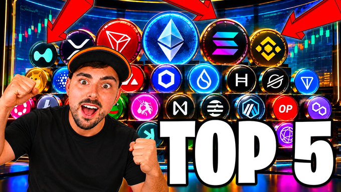 A YouTube-style thumbnail features an excited man pointing at cryptocurrency logos (including Ethereum and Solana) with the large text 'TOP 5' displayed.