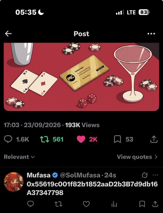 A social media post showing an illustration of casino items (cards, chips, dice, martini glass) with a date of 23/09/2026 and 193K views.