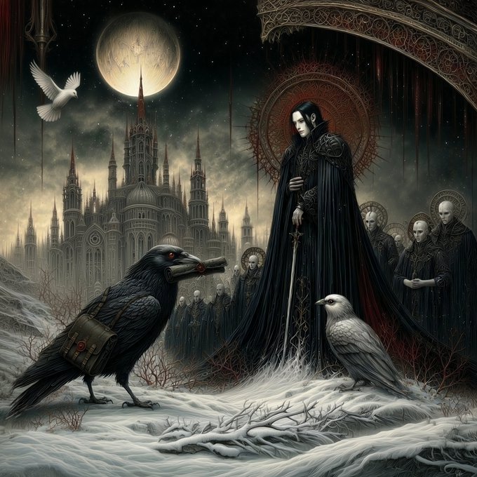 A gothic fantasy scene featuring a pale figure in dark robes with a halo-like crown, flanked by a ravished black raven carrying a scroll and a white bird, set against a moonlit gothic cathedral.