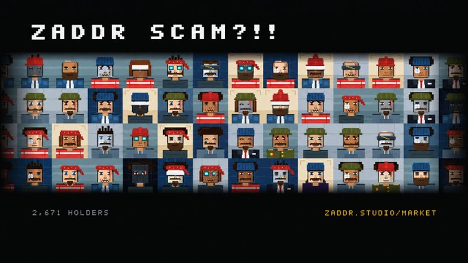 A pixel art image titled 'ZADOR SCAM?!' shows a grid of pixelated character portraits with '2,671 HOLDERS' and 'ZADOR.STUDIO/MARKET' text below.