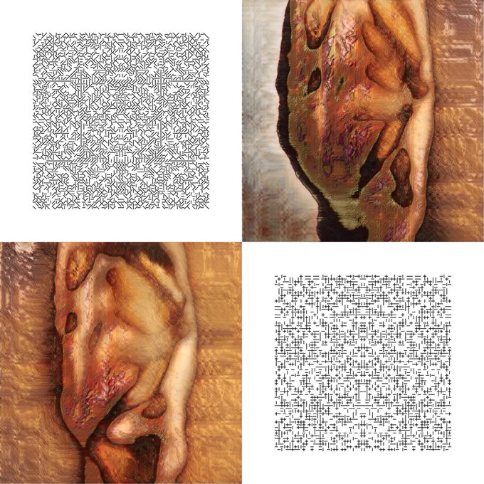 Four images arranged in a grid show two QR codes alongside two paintings of chicken wings, with the post humorously claiming a $600,000 valuation for just "qr codes and chicken wings."