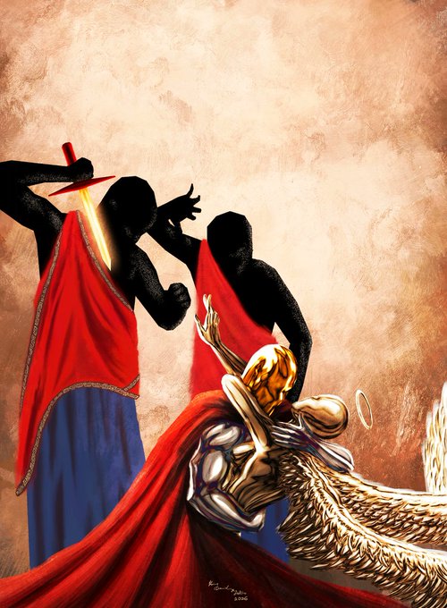 A stylized artistic illustration of an angel with golden armor, wings, and a halo, with a red cape, facing dark silhouetted figures in red and blue robes against a warm tan background.