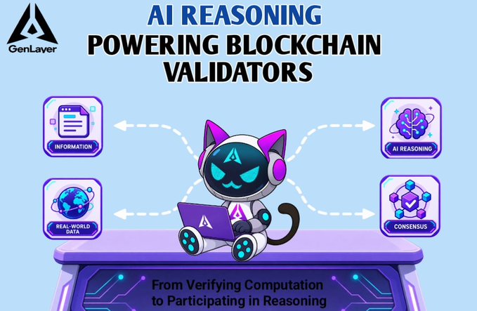 The image is a promotional graphic titled "AI REASONING POWERING BLOCKCHAIN VALIDATORS" by GenLayer, featuring a cartoon cat mascot in a hooded outfit working on a laptop, surrounded by icons labeled "INFORMATION," "REAL-WORLD DATA," "AI REASONING," and "CONSENSUS," with the tagline "From Verifying Computation to Participating in Reasoning."

The graphic visually represents the post's core idea that blockchain validators are evolving beyond simple rule-checking to actively incorporating AI reasoning and real-world context—shown by the arrows connecting data sources to AI reasoning and consensus, illustrating how LLM-powered validators can now understand and reason about information rather than just verify computations.