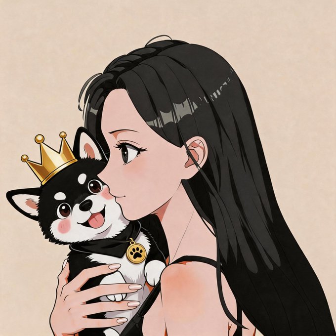 The image features a woman holding a small dog, with both of them smiling at each other. The woman has long hair and is wearing a black dress. In the background, there are two gold crowns placed above their heads, adding an elegant touch to the scene. The caption below the image reads "0xmoon'S aesthetic is undoubtedly great but the one @0xMayyy made for me, I give it top marks the champion'S MAME is BSC'S champion! @mamebnb @xBrianSumner @xnokj #MAME".