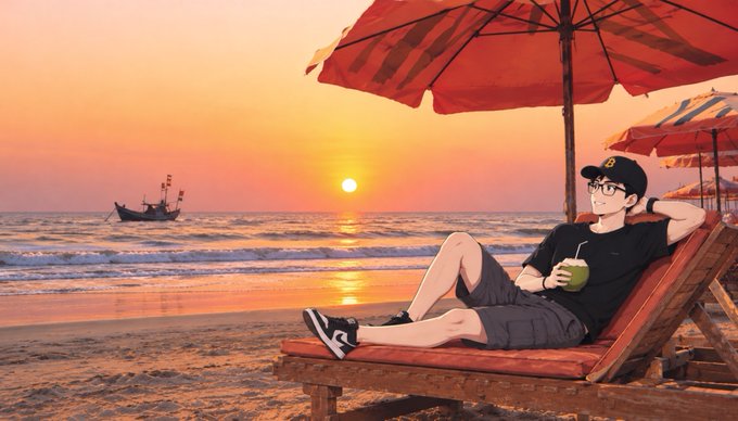 An animated illustration shows a person in a cap and sunglasses relaxing on a wooden beach lounger under a red umbrella, sipping a green coconut drink while watching a sunset over the ocean.