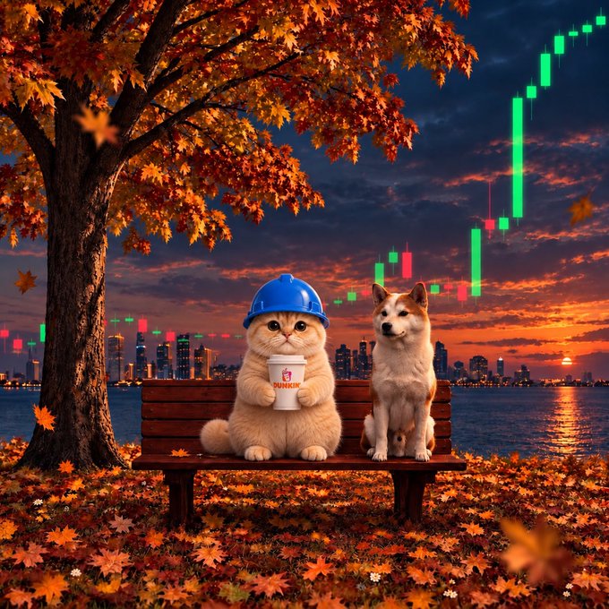 A digitally illustrated autumn scene featuring a cat wearing a blue hard hat and holding a Dunkin' cup sitting on a park bench beside a husky, with a city skyline and stock candlestick charts in the background.