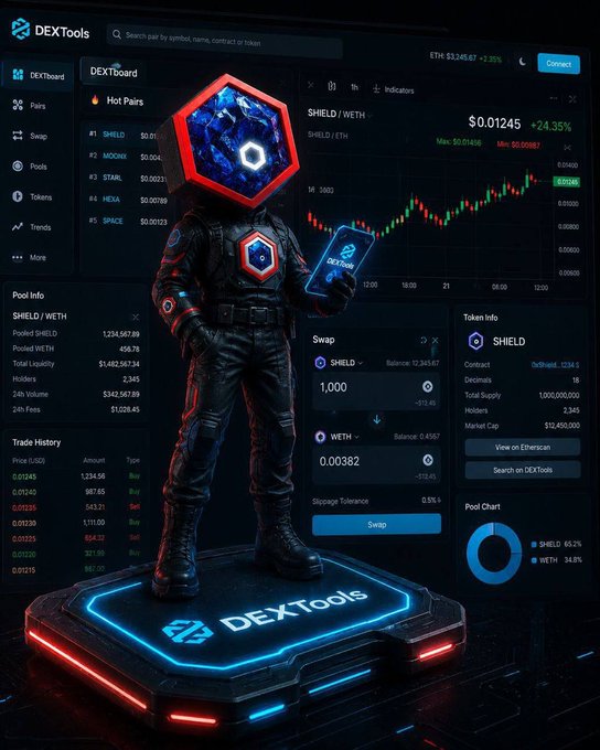 A promotional graphic for DEXTools featuring a futuristic armored figure with a glowing hexagonal helmet, holding a phone displaying the DEXTools app, standing on a platform with the DEXTools logo, against a backdrop of cryptocurrency trading data for the SHIELD/WETH token pair showing a 24.35% increase.