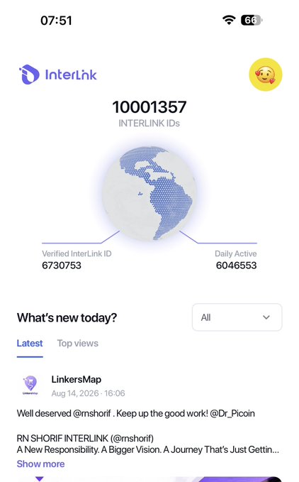A mobile app screenshot of InterLink app showing ID count of 10,001,357 with 6,730,753 verified IDs and 6,046,553 daily active users, featuring a globe graphic and a 'LinkersMap' post from @mshorif about 'RN SHORIF INTERLINK'.
