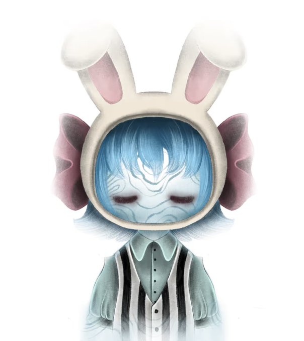 An illustration of a pale character with white hair wearing an oversized bunny hood with pink bows and a button-up shirt, set against a plain white background.