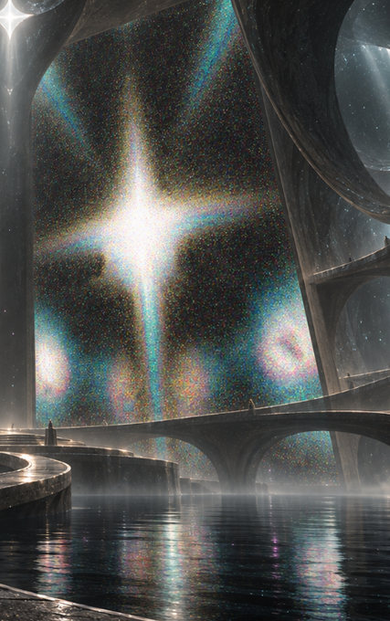 Sci-fi artwork showing a massive arching space structure with a starburst phenomenon visible through it, small figures standing on bridges above a reflective body of water.