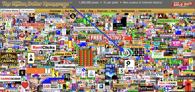 This image shows a section of the Million Dollar Homepage, a famous website featuring 1,000,000 pixels sold at $1 each ("SOLD OUT!" displayed at the top right), packed with colorful ads for various brands and services like "FREE HOSTING," "WebHosting," and "BINGO," with the context indicating the user previously purchased a pixel on this historic page and is now promoting a new project called dotland.io with limited remaining spots.

A blue arrow points to a small pixel tile within the dense mosaic of advertisements, likely highlighting the user's previously purchased piece of internet history.