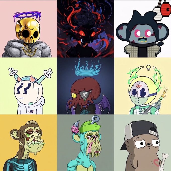 A 3x3 grid of various cartoon-style NFT character avatars with diverse designs including skulls, monsters, and animals, likely from a Web3 collection.