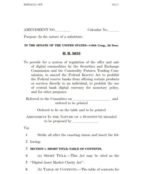A page from the U.S. Senate (119th Congress, 2d Session) showing Amendment to H.R. 3633, a substitute bill titled the 'Digital Asset Market Clarity Act' regulating digital commodities through the SEC and CFTC.