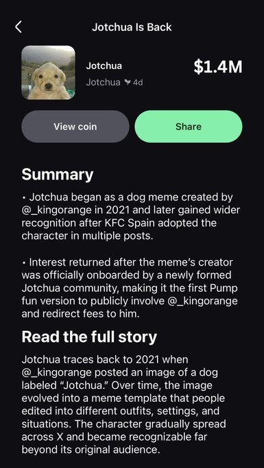 The image shows a cell phone screen displaying information about a dog meme created by Jotchua. The meme has been shared with 1,400 people, and the creator of the meme is described as a character who has gained popularity for their funny and entertaining content. The meme features a picture of a dog along with text that reads "Focus on what is in the image and how it relates to the post".