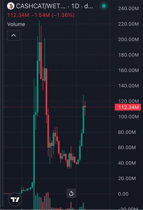 A daily candlestick chart of the ticker "CASHCAT/WET" is shown, with the price at 112.34M, down 1.54M (-1.36%), and a recent sharp upward spike toward the 120M level following volatile price action. The chart visually supports the post's claim that $CASHCAT is poised to reach a billion-dollar valuation, as the price trend shows a strong breakout from a multi-month consolidation.