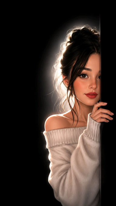 A digital portrait of a young woman with dark hair pulled up, wearing a cream off-shoulder sweater and red lipstick, gazing softly at the camera against a dark background.