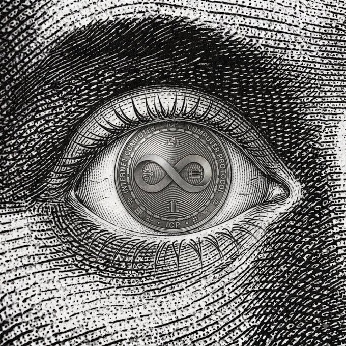 An engraved eye where the iris is replaced with an ICP (Internet Computer Protocol) coin featuring an infinity symbol and the text "INTERNET COMPUTER," "COMPUTER PROTOCOL," and "ICP"—symbolizing an all-seeing, watchful gaze on the incoming "big money" investment for the cryptocurrency.