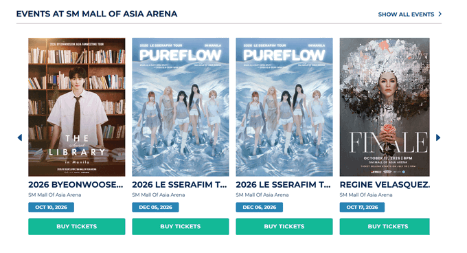 A screenshot of an events page at SM Mall of Asia Arena showing upcoming concerts including '2026 BYEONWOOSE...', '2026 LE SSERAFIM T...' on Oct 10, Dec 05, Dec 06, and 'REGINE VELASQUEZ' on Oct 17, 2026.