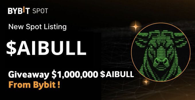 A Bybit Spot promotional graphic announcing a new $AIBULL listing alongside a giveaway of 1,000,000 $AIBULL, featuring a green digital bull logo in a circular design. The image supports the airdrop post by promoting the token listing and giveaway being distributed to participants' Solana wallets.