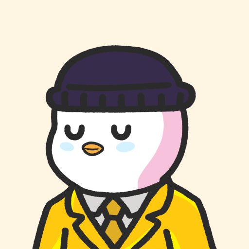 An illustration of a sleepy cartoon penguin or chick wearing a black beanie and yellow blazer with a tie.