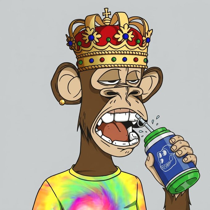 A cartoon Bored Ape wearing a golden crown and tie-dye shirt drinks from a can with the same ape logo, matching the "g'Ape my friends" post as a playful nod to the Bored Ape Yacht Club NFT collection.