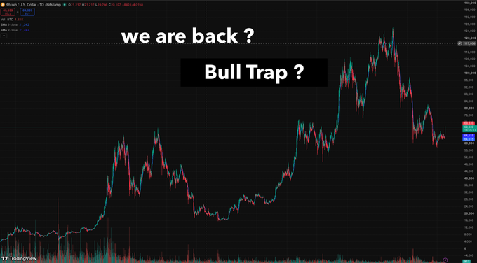 TradingView Bitcoin/U.S. Dollar daily chart with text overlay reading 'we are back ?' and 'Bull Trap ?', showing a price pattern with a major rally followed by a sharp decline.